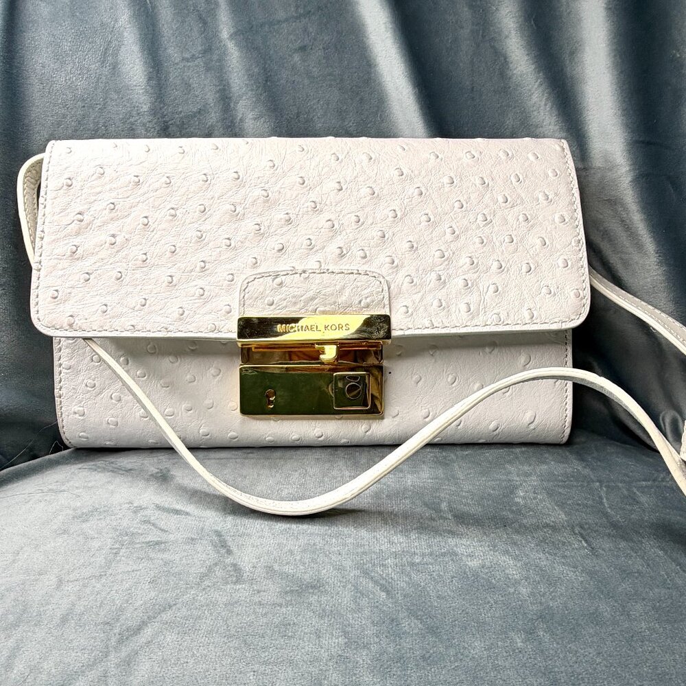Michael Kors Tan Ostrich-Embossed Crossbody Bag (White)